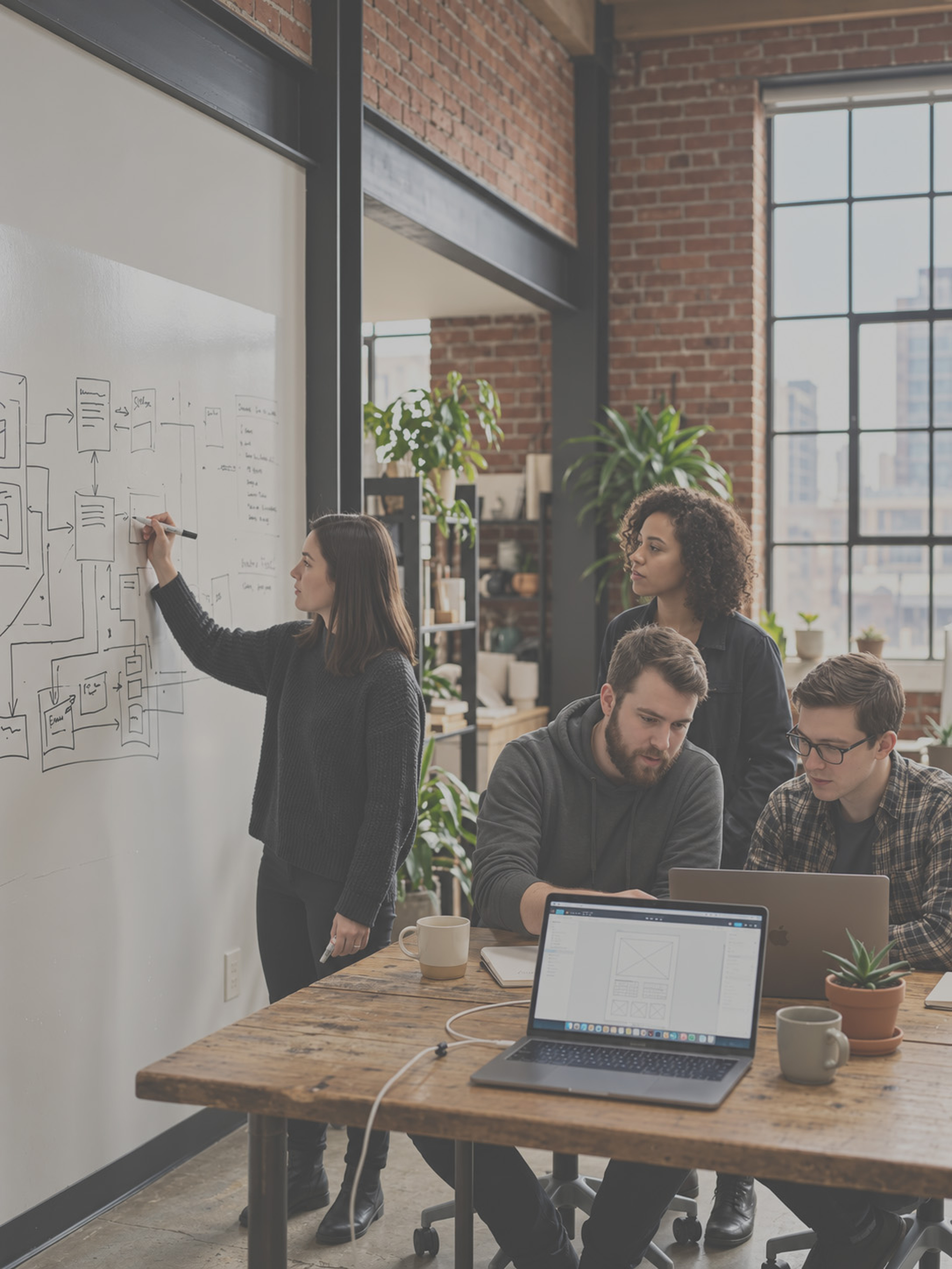 A small startup team working together at a whiteboard and laptops.