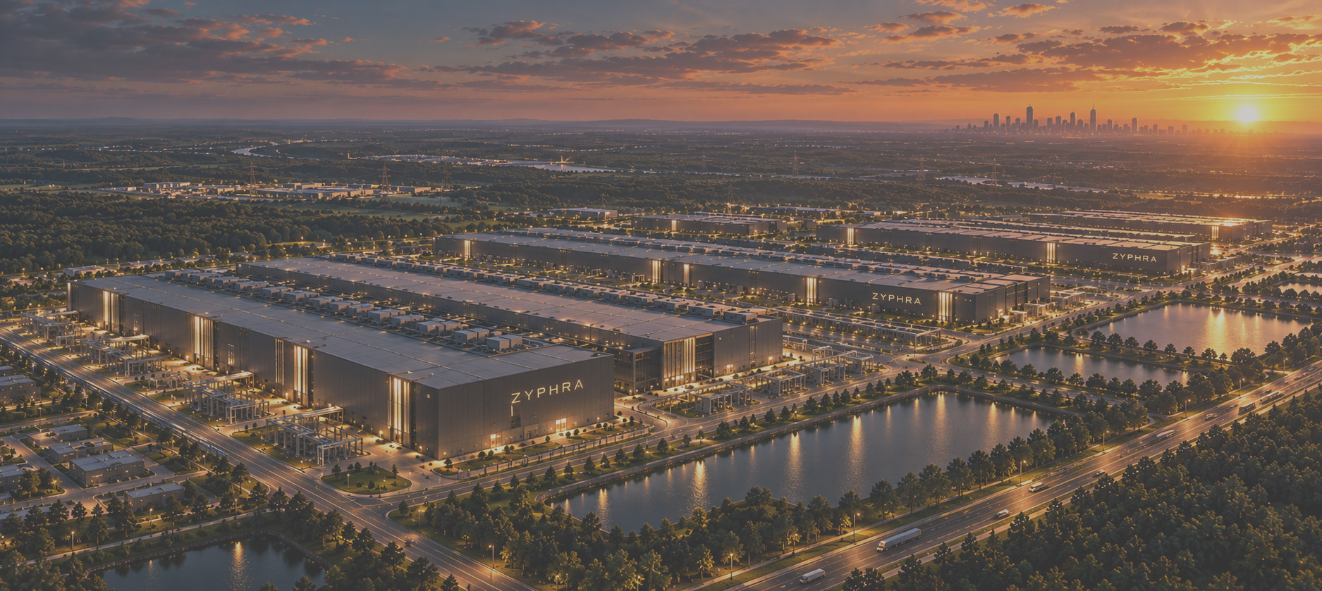 Zyphra data center campus at sunset, two people walking along the lit buildings.